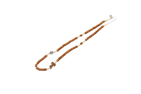 COLLAR ROSARIO MADERA CUERDA CILINDRO CRUZ TAO Y MILAGROSA
