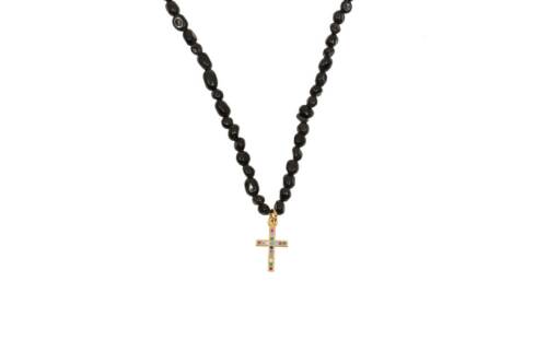 Collar de piedras ovaladas con Cruz de Circonitas. Color Agatha Negra