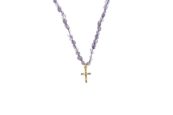 Collar de piedras ovaladas con Cruz de Circonitas. Color Amatista