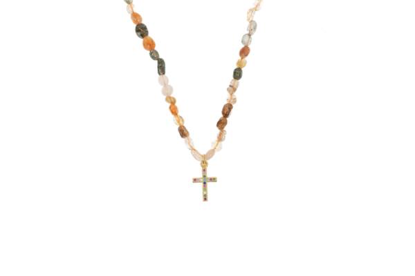 Collar de piedras ovaladas con Cruz de Circonitas. Color piedra jaspeada