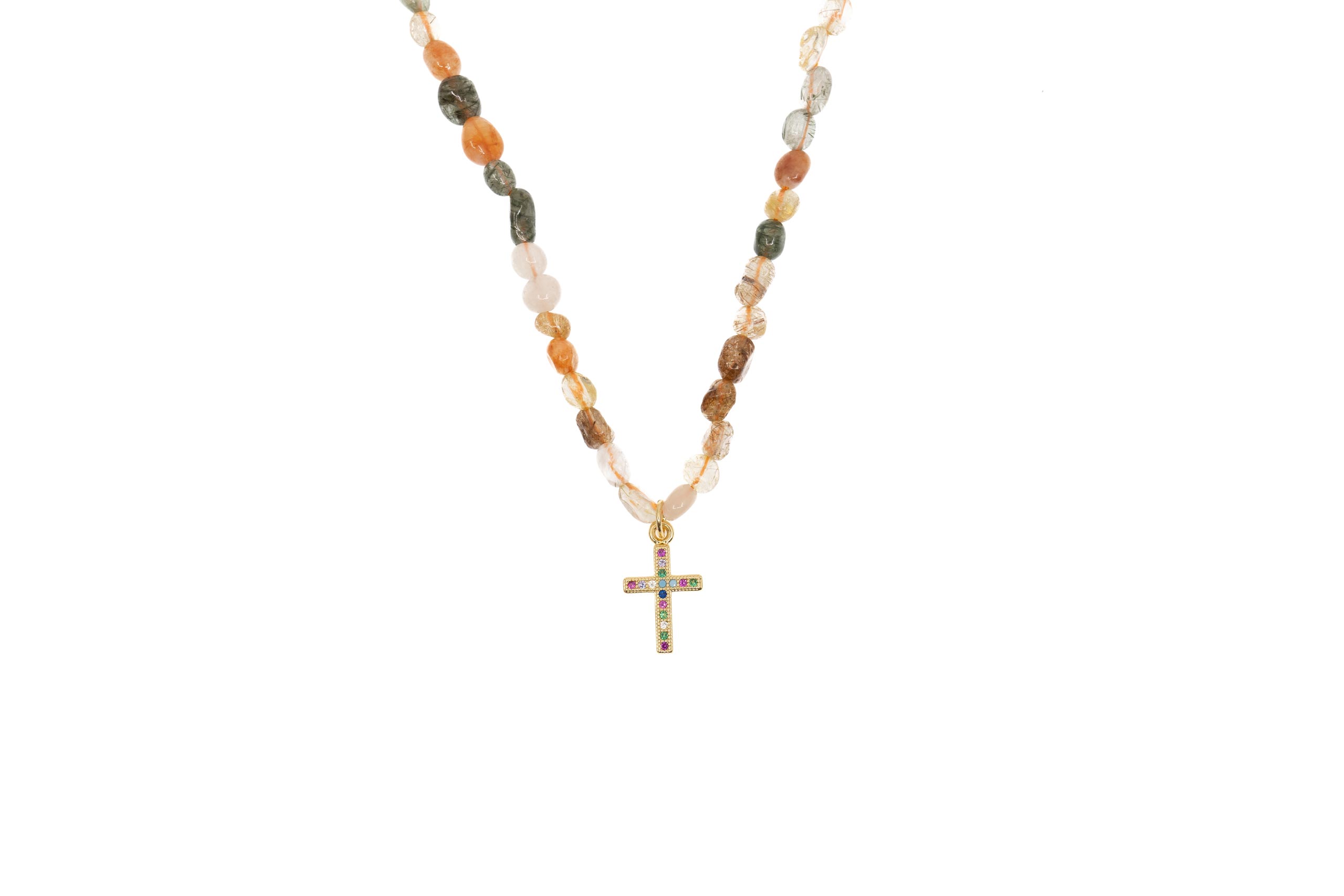 Collar de piedras ovaladas con Cruz de Circonitas. Color piedra jaspeada