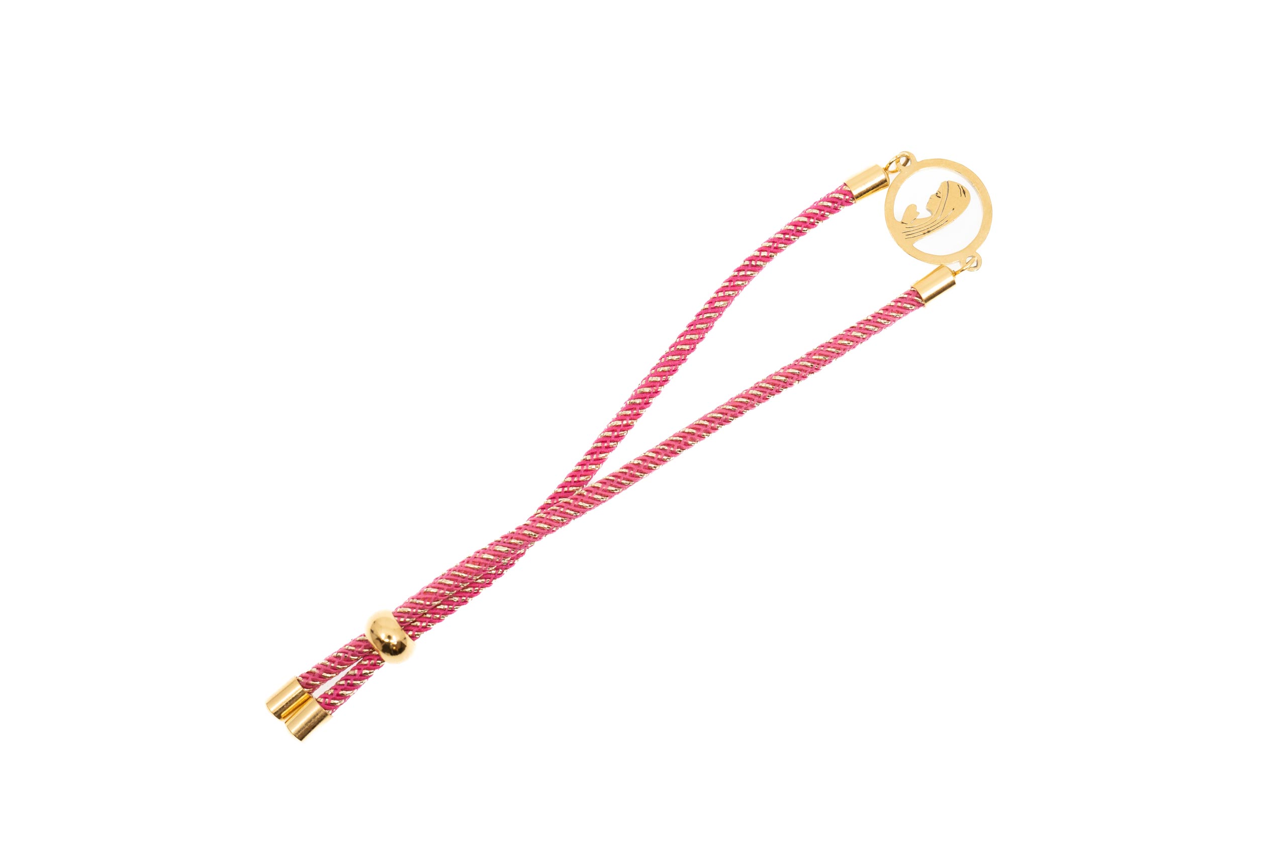 Pulsera ajustable bicolor. Virgen María. Color fucsia