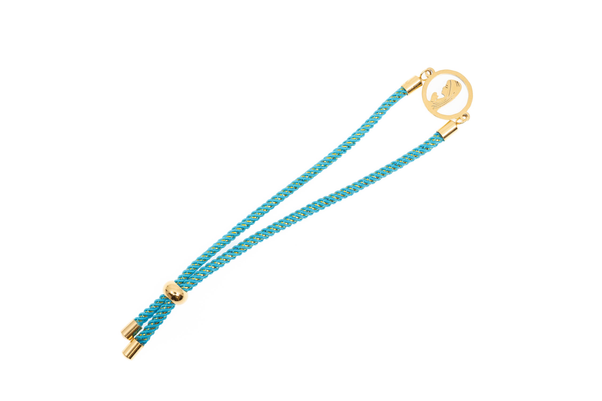 Pulsera ajustable bicolor. Virgen María. Color turquesa