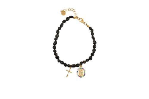 Pulsera de piedras con Cruz y Medalla de la Virgen de Guadalupe. Color Agatha Negra