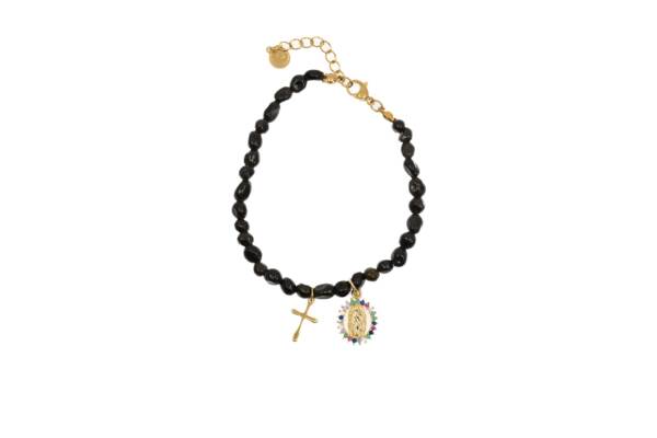 Pulsera de piedras con Cruz y Medalla de la Virgen de Guadalupe. Color Agatha Negra