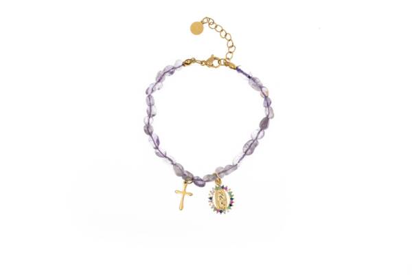 Pulsera de piedras con Cruz y Medalla de la Virgen de Guadalupe. Color amatista