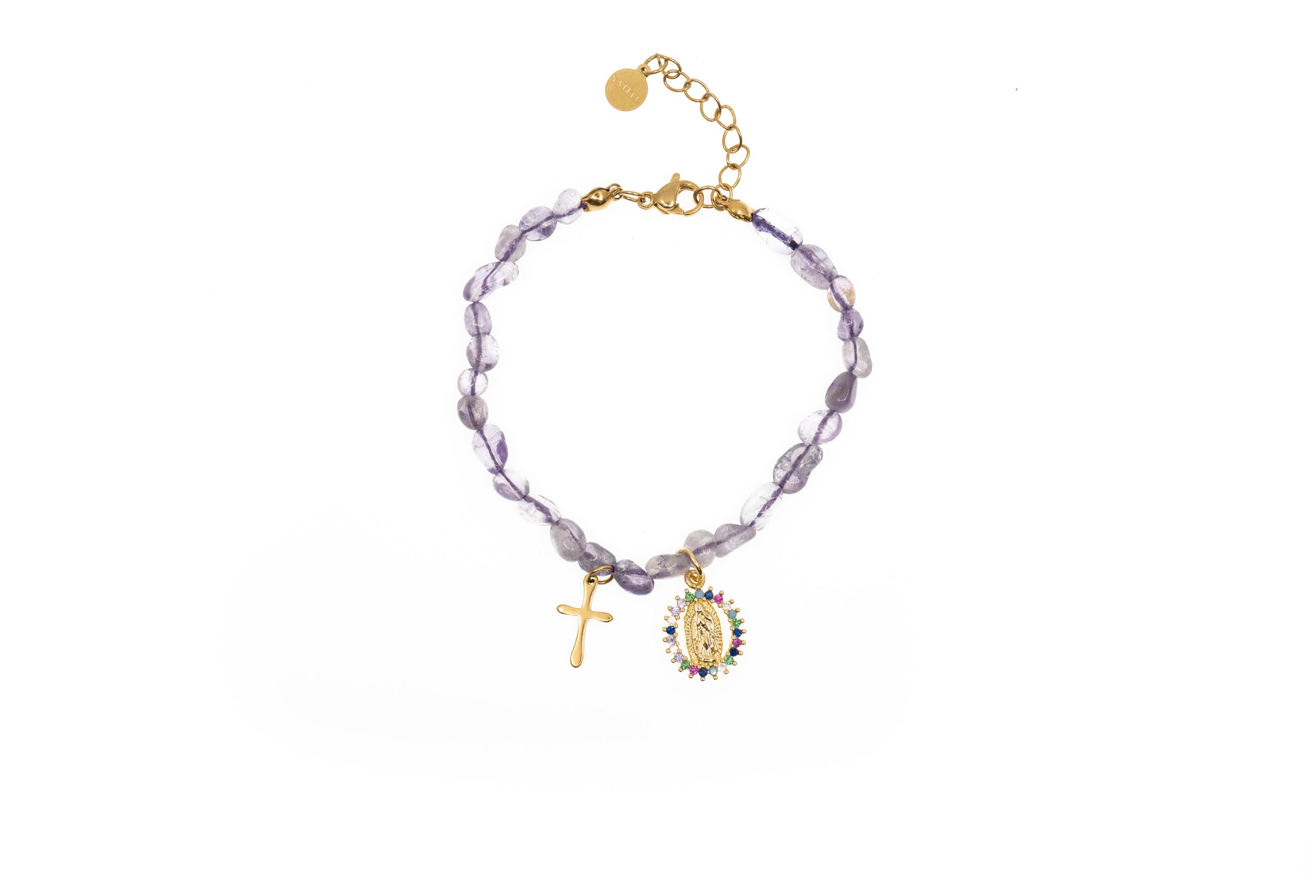 Pulsera de piedras con Cruz y Medalla de la Virgen de Guadalupe. Color amatista