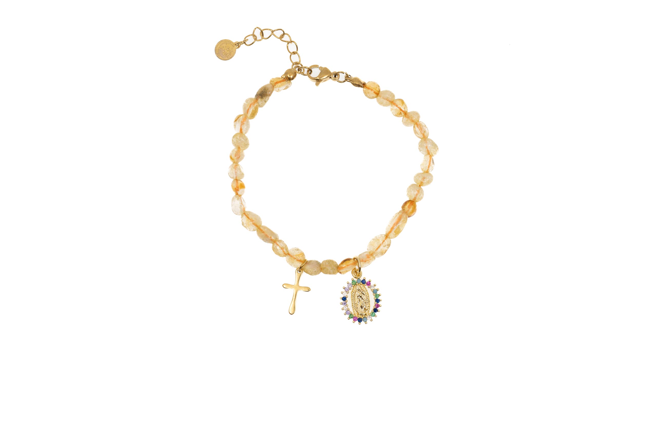 Pulsera de piedras con Cruz y Medalla de la Virgen de Guadalupe. Color coral