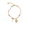 Pulsera de piedras con Cruz y Medalla de la Virgen de Guadalupe. Color cuarzo rosa