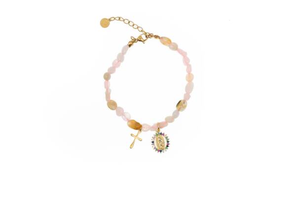 Pulsera de piedras con Cruz y Medalla de la Virgen de Guadalupe. Color cuarzo rosa