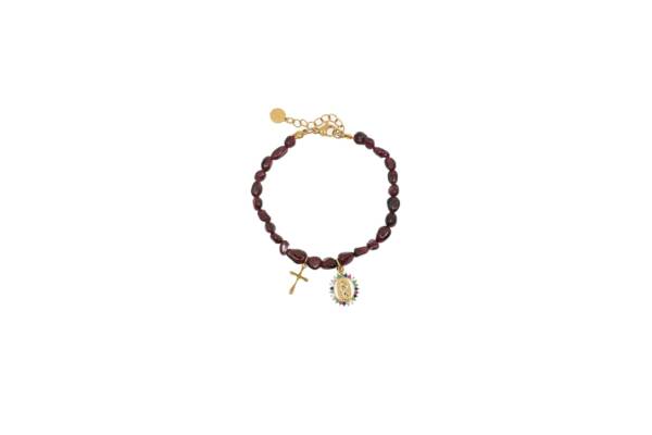 Pulsera de piedras con Cruz y Medalla de la Virgen de Guadalupe. Color granate