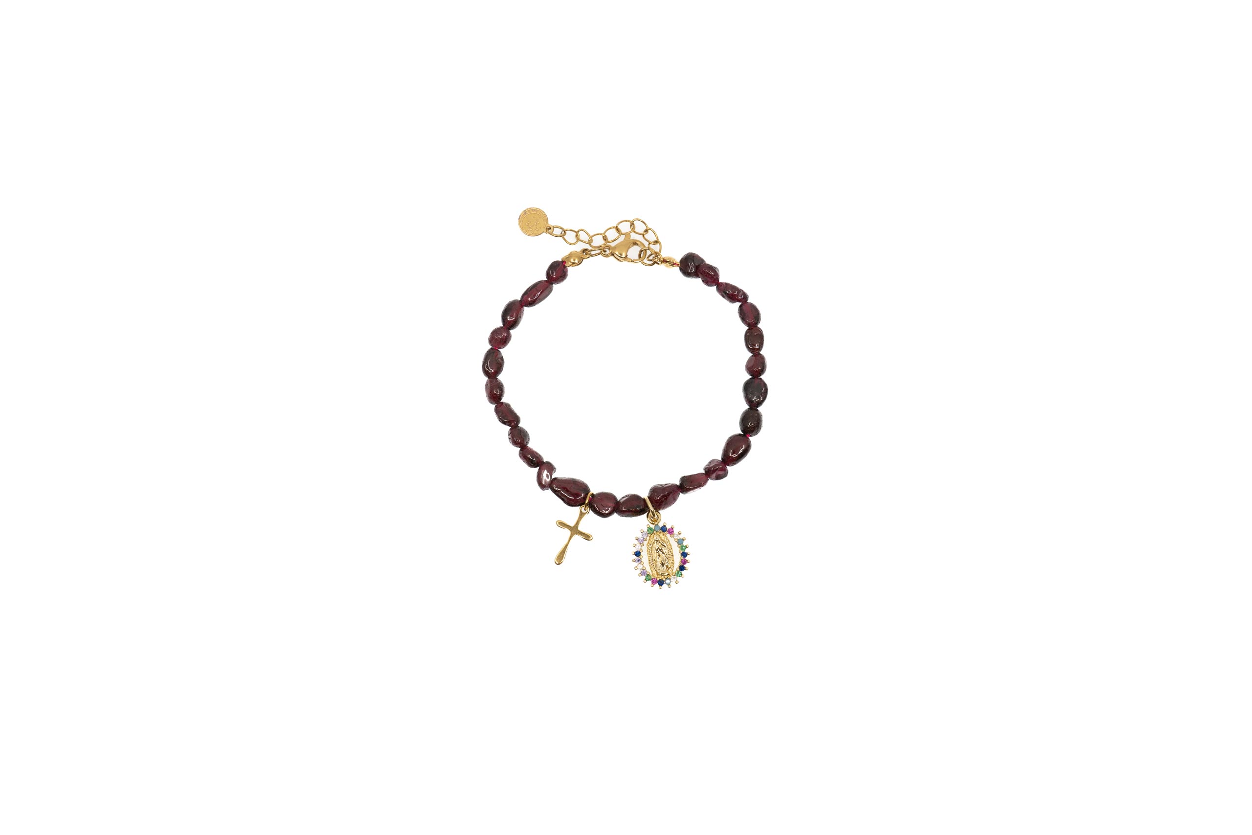 Pulsera de piedras con Cruz y Medalla de la Virgen de Guadalupe. Color granate