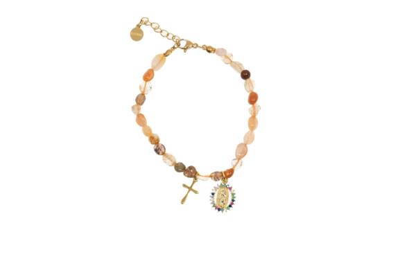Pulsera de piedras con Cruz y Medalla de la Virgen de Guadalupe. Color piedra jaspeada